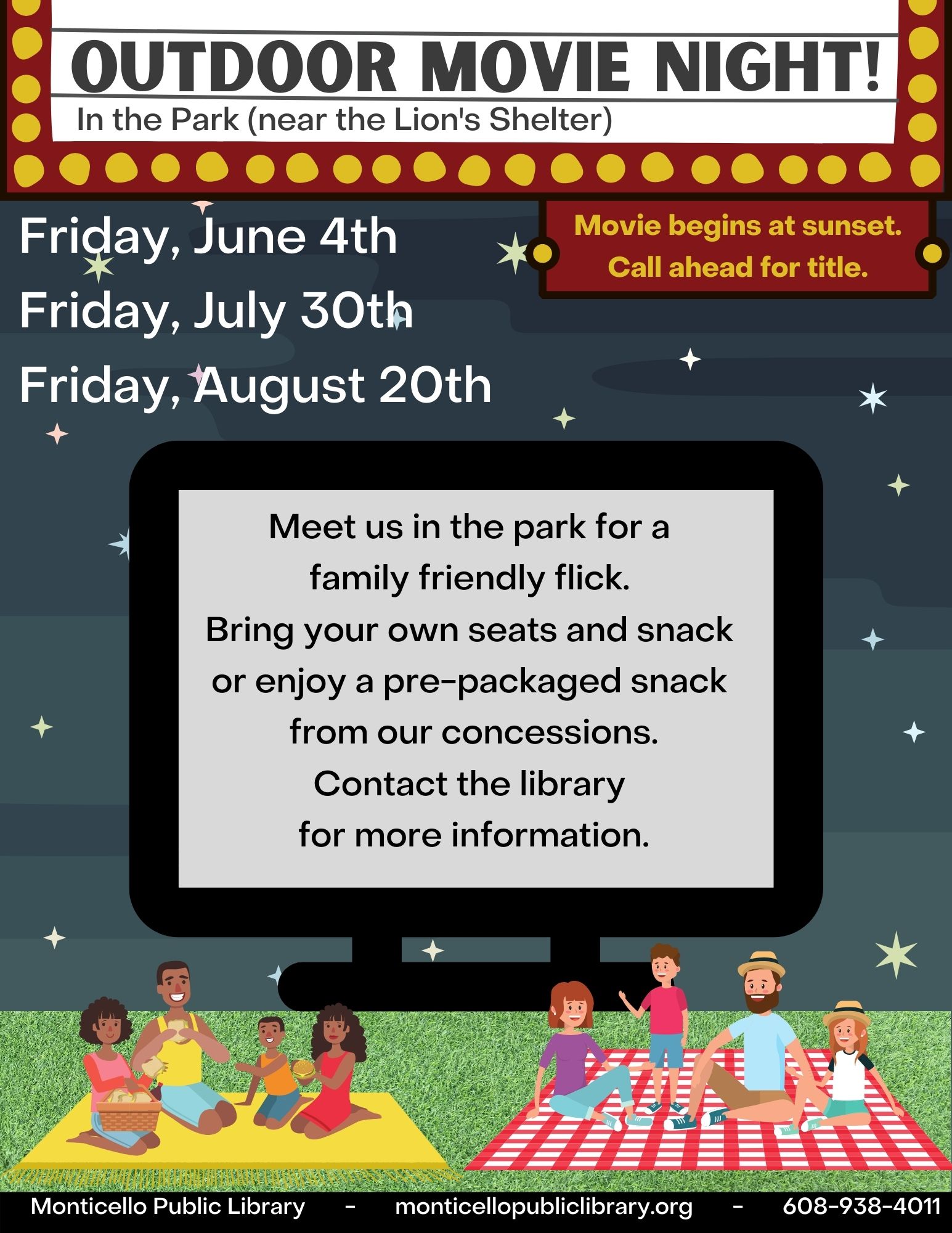 Program flyer of two families enjoying a picnic watching a movie.